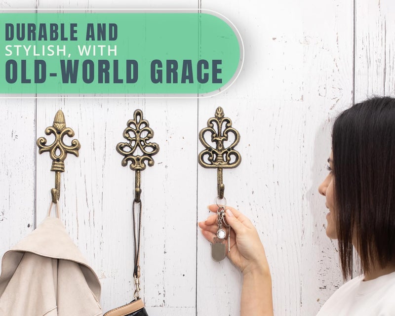 Comfify Shabby Chic Decorative Wall Hooks - Set of 3 - Cast Iron French Country Wall Decor - Farmhouse Hangers for Coats, Purses and More - Gold with Black - Image 5